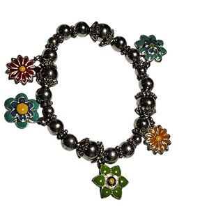 Boho Flower Charm Stretch Beaded Bracelet Silver Accents Enamel Floral Charms